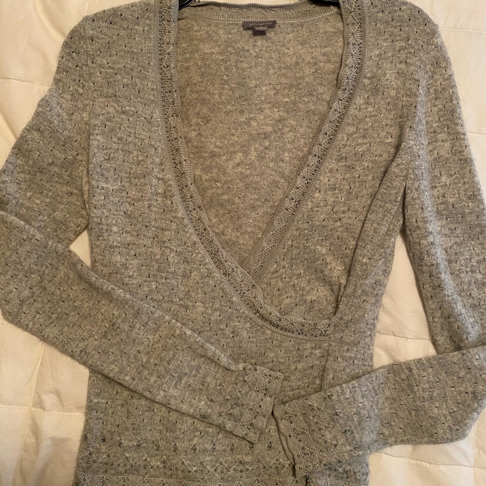 Ann Taylor lightweight Angora blend knit sweater beaded details V-neck wrap XS